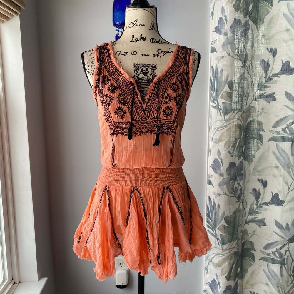 Free People Coral Handkerchief Hem Embroidered Boho Fairy Mini Dress XS